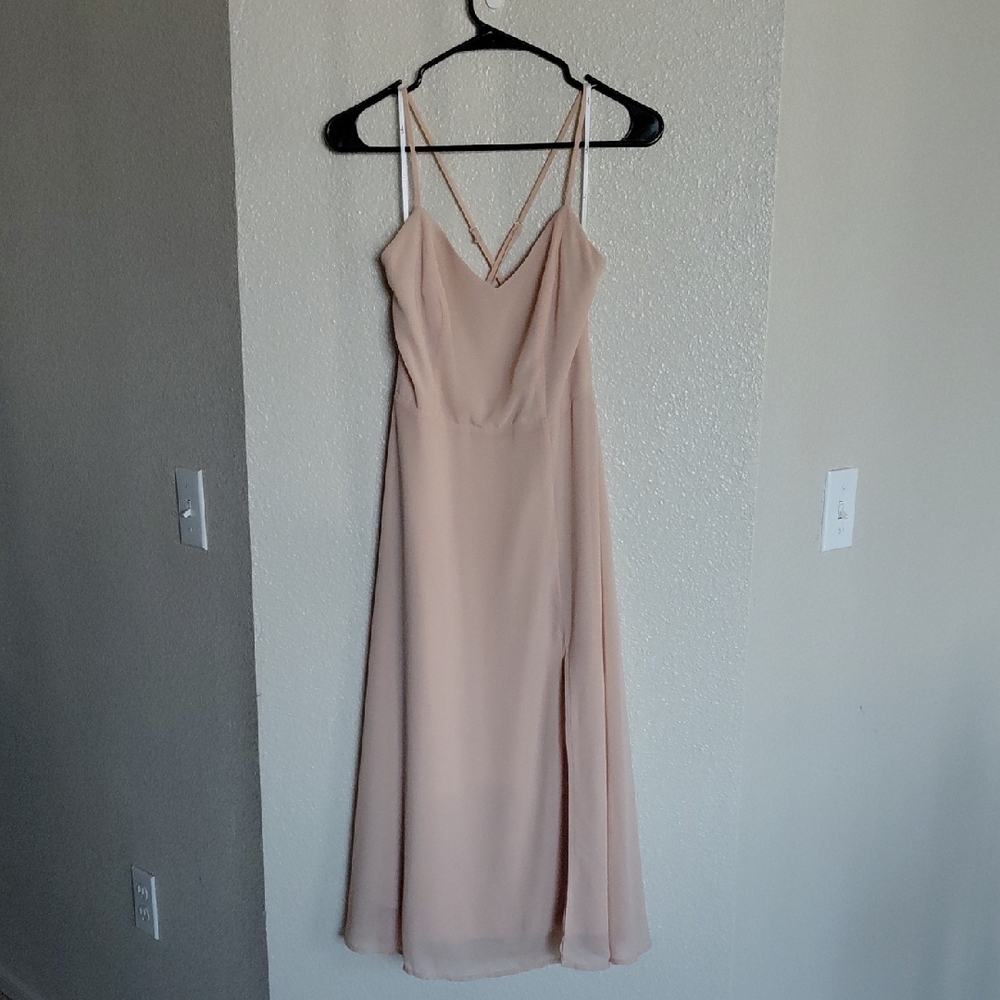 Lulu's Tan Chiffon Cross Back Spaghetti Strap Midi Dress Size Small